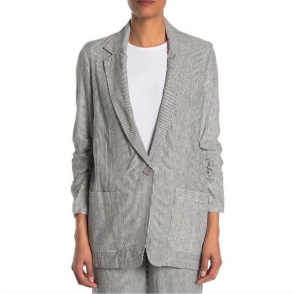 Max Studio Jackets & Blazers - Max Studio Women's Stripe-Print Linen-Blend Blazer Blue and white Size M